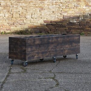 High Rectangular Planter on Wheels – Burnt Charred Decking