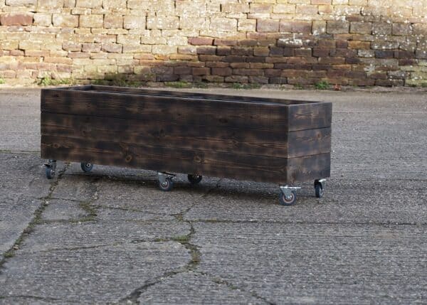High Rectangular Planter on Wheels – Burnt Charred Decking - Image 2