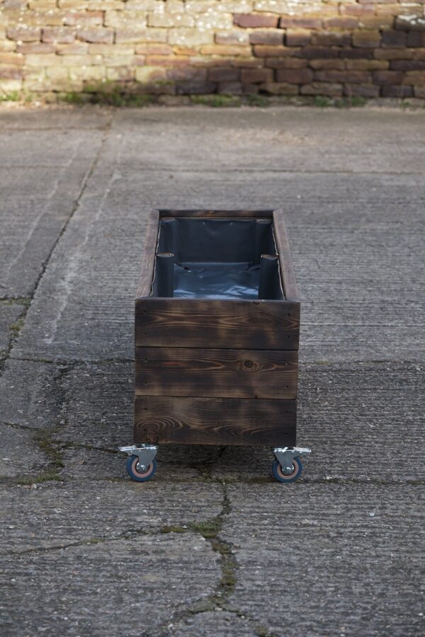 High Rectangular Planter on Wheels – Burnt Charred Decking - Image 3