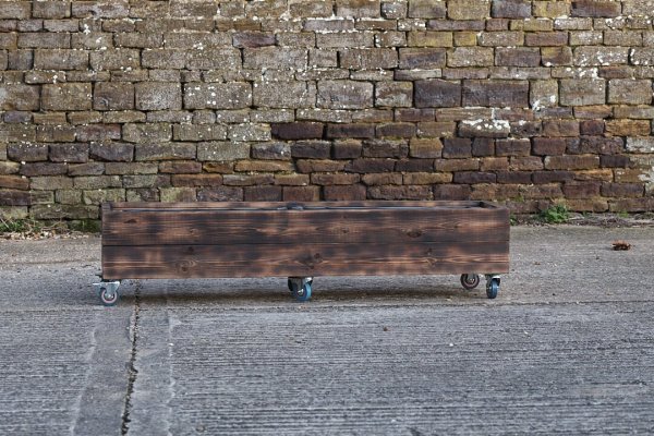 Rectangular 2 Row Burnt Charred Decking Planter On Castors