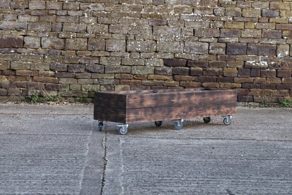 Rectangular 2 Row Burnt Charred Decking Planter On Castors