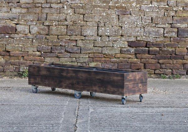Rectangular 2 Row Burnt Charred Decking Planter On Castors