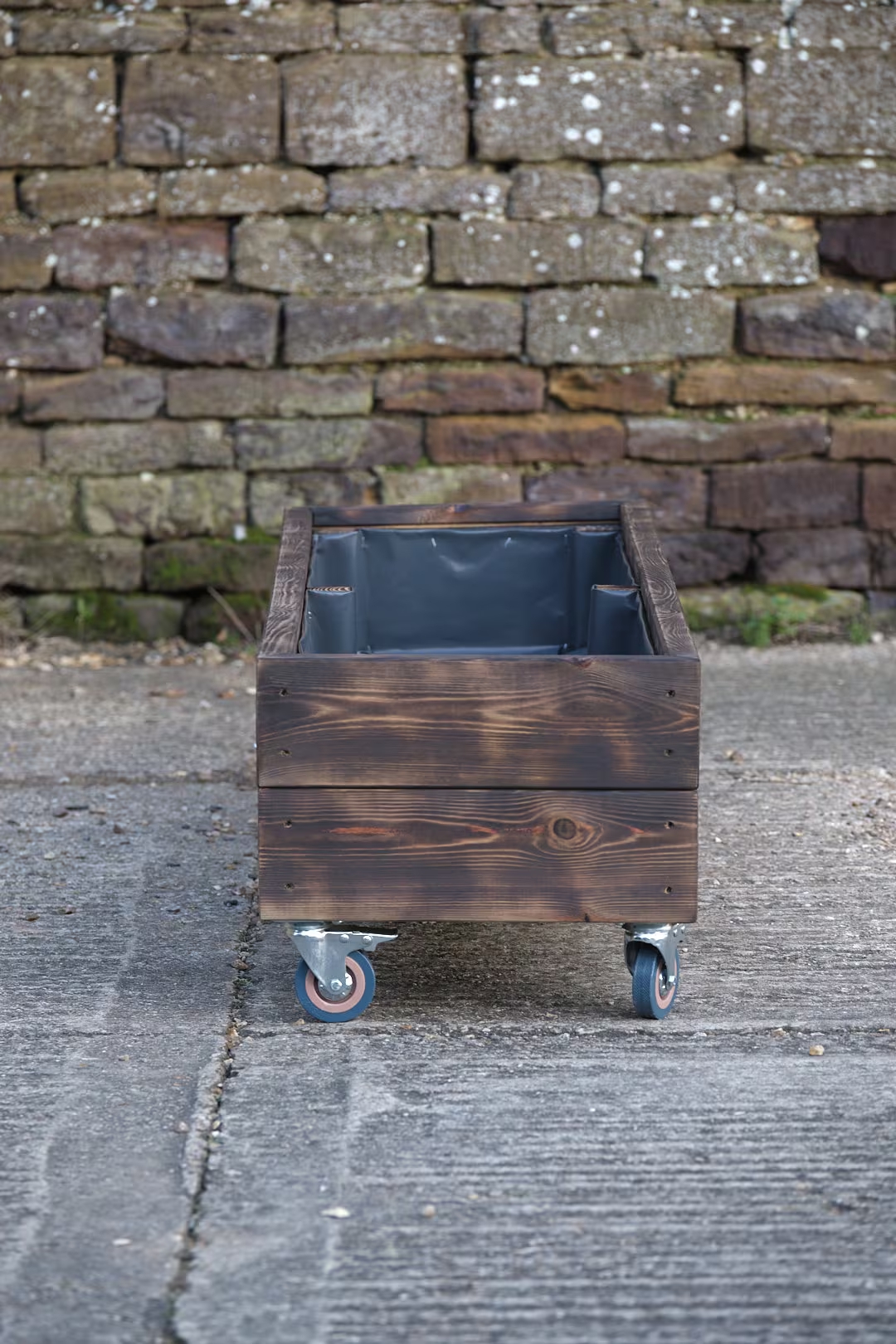 Rectangular 2 Row Burnt Charred Decking Planter On Castors