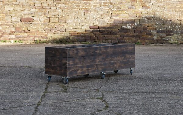 High Rectangular Planter on Wheels – Burnt Charred Decking