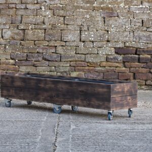 Rectangular 2 Row Burnt Charred Decking Planter On Castors