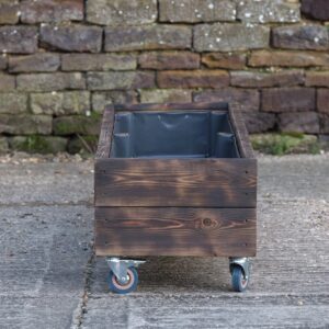 Rectangular 2 Row Burnt Charred Decking Planter On Castors