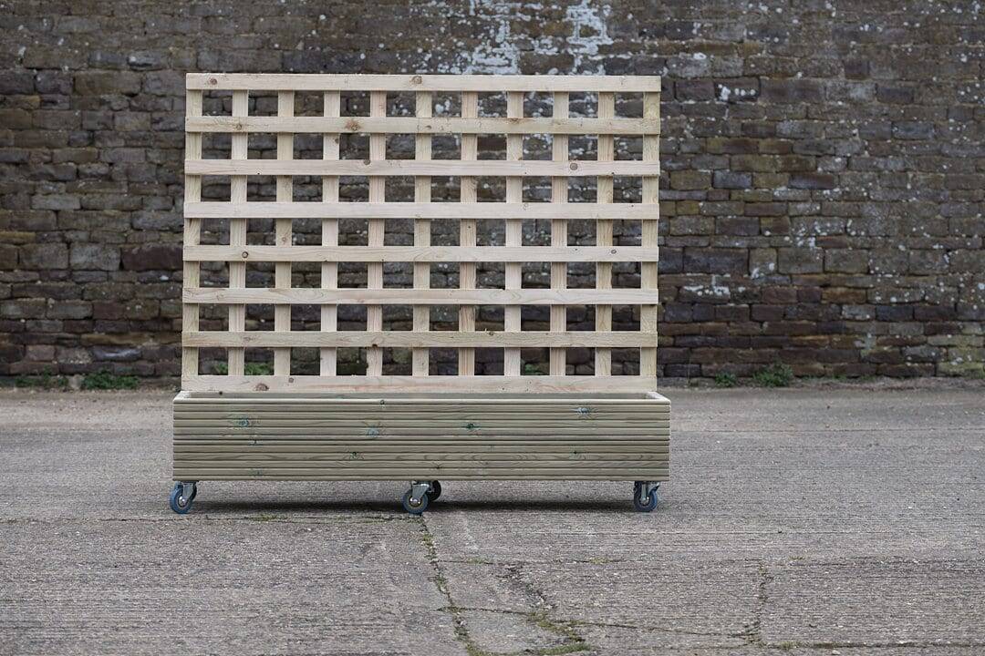 Low Rectangular Wooden Planter With Trellis and Wheels