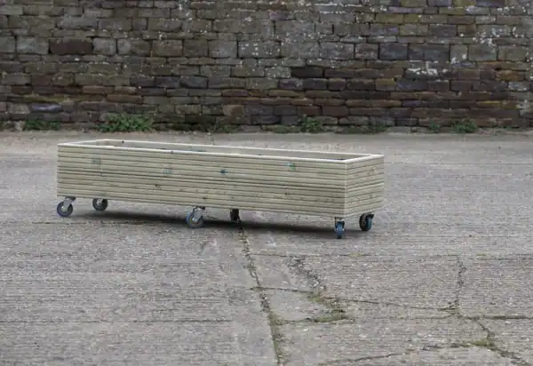 Low Rectangular Wooden Planter With Trellis and Wheels - Image 4