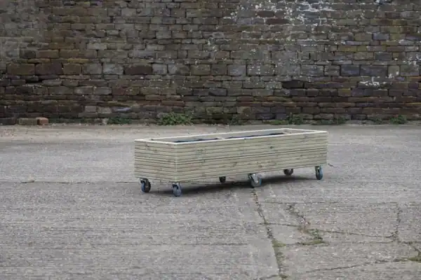 Low Rectangular Wooden Planter With Trellis and Wheels - Image 5