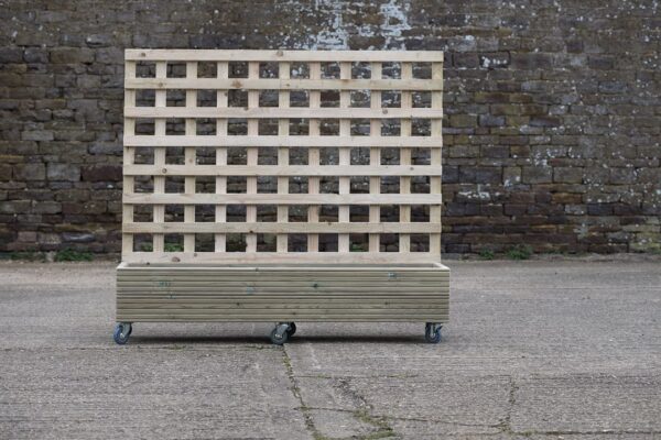 Low Rectangular Wooden Planter With Trellis and Wheels